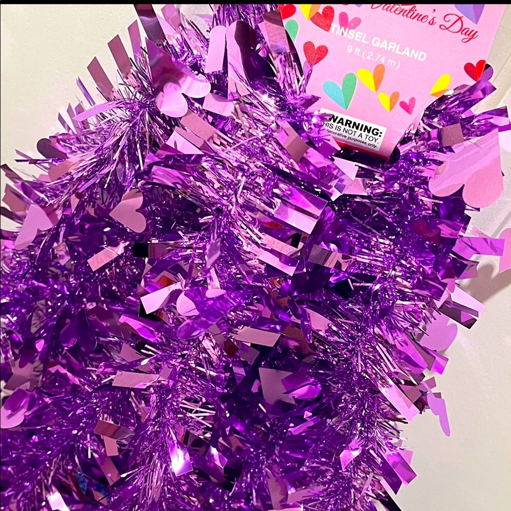 💜 Set of 2 Valentine’s Day Heart Tinsel Garland Strands - Purple - 18ft. total